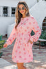 Pink Polka Dot Printed Long Sleeve Flared Mini Dress