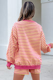 Yellow Stripe Color Block Trim Round Neck Long Sleeve Top Casual Shorts 2pcs Set