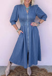 Blue V Neck Shirred Waist Metal Zipper Denim Midi Dress