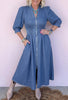 Blue V Neck Shirred Waist Metal Zipper Denim Midi Dress