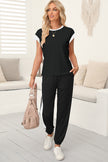 Black Color Block Trim 2 Tone Contrasted Tank and Pants Set
