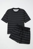 Black Stripe Half Sleeve Tee Drawstring Shorts 2pcs Set