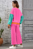 Rose Red Colorblock Patchwork Long Sleeve Top and Pants Set
