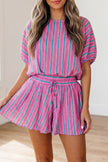 Pink Stripe Dolman Short Sleeve Blouse Drawstring Elastic Waist Loose Short Set