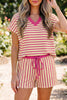 Yellow Stripe Colorblock Trim V Neck Tee Drawstring Elastic Waist Short Set