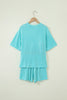 Rose Stripe Raised Rib Loose Tee Drawstring Elastic Waist 2pcs Short Set