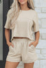 Sky Blue Solid Color Contrast Textured Patchwork Raw Edge 2pcs Short Set