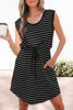 Beige Stripe Drawstring Tunic Tank Mini Dress with Pockets