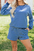 Blue Stripe Drop Shoulder Long Sleeve Pullover Elastic Waist Casual Short Set