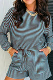 Brown Stripe Textured Knit Long Sleeve Top Elastic Waist Shorts Casual Outfit
