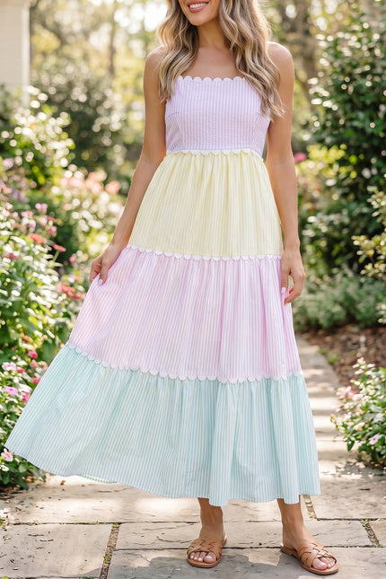 Multicolour Striped Colorblock Adjustable Strap Scalloped Detail Long Dress