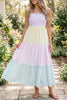 Multicolour Striped Colorblock Adjustable Strap Scalloped Detail Long Dress