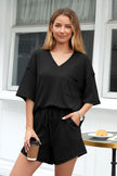Black Solid Color Waffled V Neck Loose Tee Drawstring Shorts Set