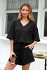 Black Solid Color Waffled V Neck Loose Tee Drawstring Shorts Set