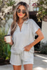 Light Grey Collared V Neck Tee Drawstring Elastic Waist Shorts 2pcs Outfit