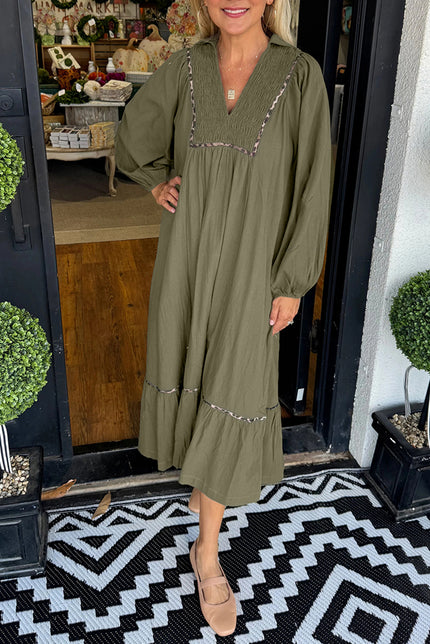 Green Collared V Neck Smocked Detail Contrast Leopard Trim Long Dress