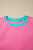 Sachet Pink Soft Ribbed Color Block Trim Casual Short Set