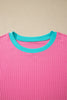 Sachet Pink Soft Ribbed Color Block Trim Casual Short Set