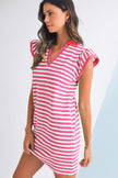Green Striped Ruffle Short Sleeve Pop of Color Neckline Dress