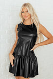 Black Faux Leather Ruffle Hem Sleeveless Mini Dress