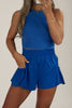 Dark Blue Ribbed Slim Tank Pocketed Wide Leg Shorts Set