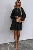 Black Tie Split Neck Smocked Detail Puff Sleeve Ruffle Hem Loose Dress