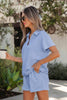 Light Grey Collared V Neck Tee Drawstring Elastic Waist Shorts 2pcs Outfit