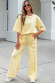 Sachet Pink Lace Patchwork Half Sleeve Top Elastic Waist Pants Two Piece Set