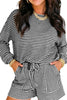 Brown Stripe Textured Knit Long Sleeve Top Elastic Waist Shorts Casual Outfit