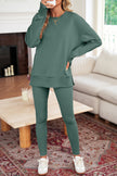 Black Solid Color Oversize Slit Sweatshirt Ribbed Leggings 2pcs Set