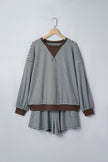 Brown Stripe Oversized Long Sleeve Top Drawstring Loose Shorts 2pcs Set