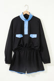 Navy Blue Colorblock Patchwork Half Button Pullover and Shorts Outfit