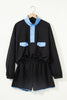 Navy Blue Colorblock Patchwork Half Button Pullover and Shorts Outfit