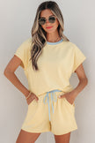 Sachet Pink Soft Ribbed Color Block Trim Casual Short Set