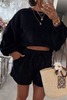 Dark Brown Textured Knit Drop Shoulder Pullover Drawstring Shorts Set