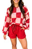 Khaki Checkerboard Plaid Long Sleeve Solid Color Shorts 2pcs Set