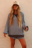 Brown Stripe Oversized Long Sleeve Top Drawstring Loose Shorts 2pcs Set