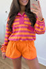 Purple Stripe Half Button Long Sleeve Top Mix and Match Shorts 2pcs Set
