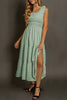 Black Shirred Pleated Square Neck Sleeveless Midi Dress