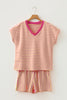 Yellow Stripe Colorblock Trim V Neck Tee Drawstring Elastic Waist Short Set