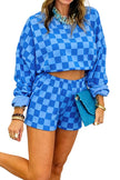 Pink Plaid Checkered Long Sleeve Crop Top Elastic Waist Shorts Two Piece Set