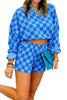 Pink Plaid Checkered Long Sleeve Crop Top Elastic Waist Shorts Two Piece Set