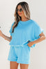 Green Solid Color Puffy Loose Top Drawstring Shorts 2pcs Outfit