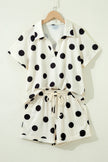 Pink Polka Dot Print V Neck Tee Short Set