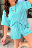 Rose Stripe Raised Rib Loose Tee Drawstring Elastic Waist 2pcs Short Set