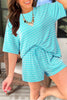 Rose Stripe Raised Rib Loose Tee Drawstring Elastic Waist 2pcs Short Set