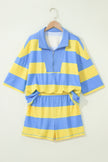 Pink Half Zipper Placket Bracelet Sleeve Top Casual Shorts Set