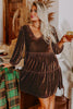 Chicory Coffee Solid Color Velvet V Neck Long Sleeve Tiered Mini Dress