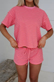 Rose Stripe Side Split Knit Tee Drawstring Shorts Set