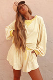 Brown Stripe Oversized Long Sleeve Top Drawstring Loose Shorts 2pcs Set
